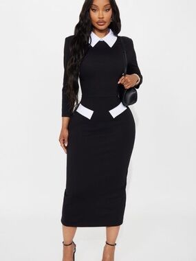 Black Midi Dress with White Collar & Pocket Flaps